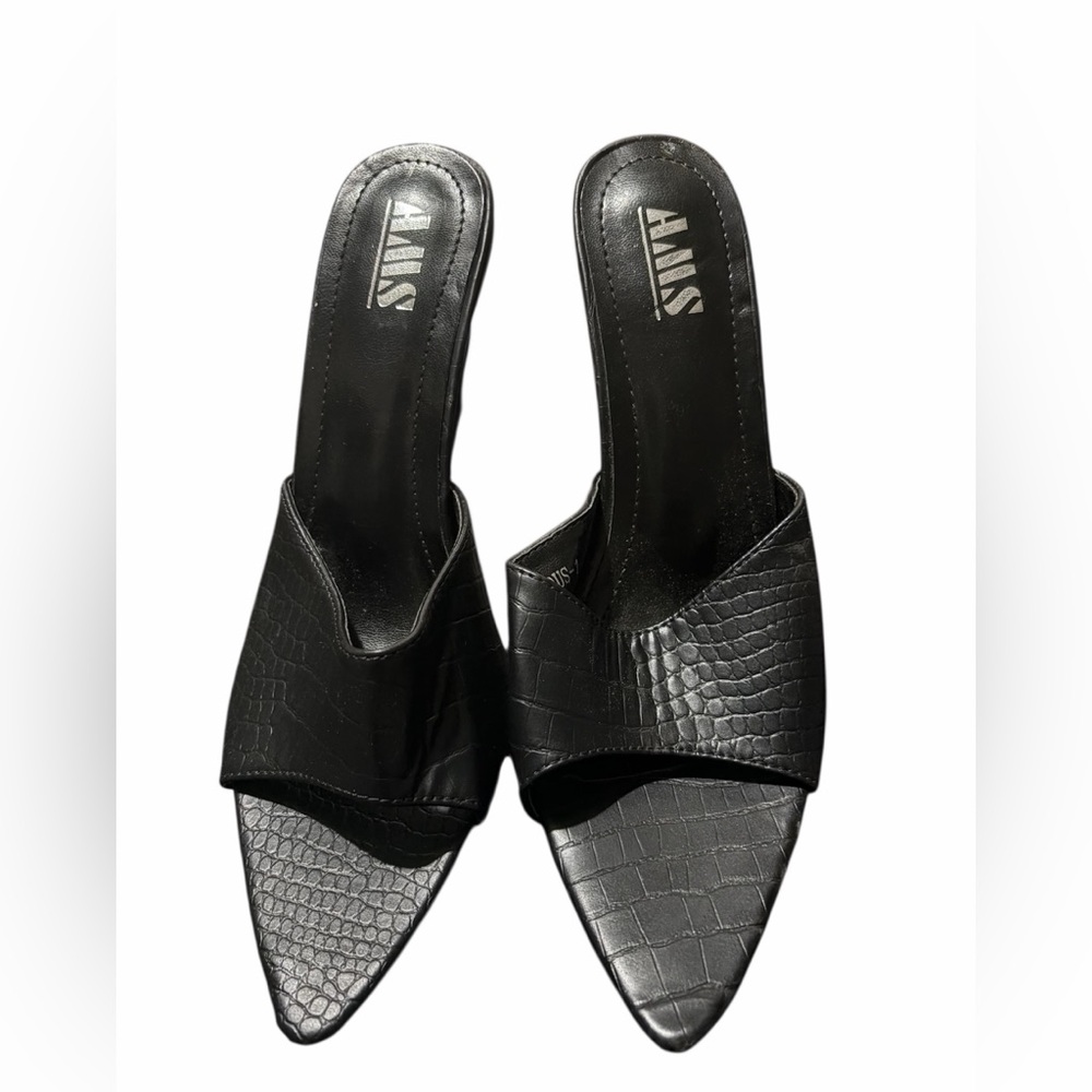 Black faux leather platform heels